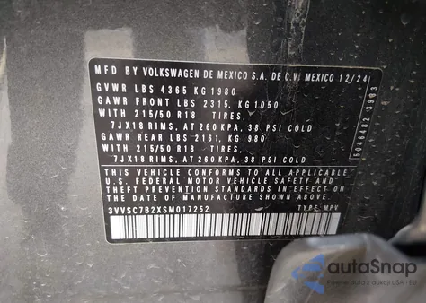 2025 Volkswagen Taos 1.5T Se из США, поврежденный, VIN 3VVSC7B2XSM017252